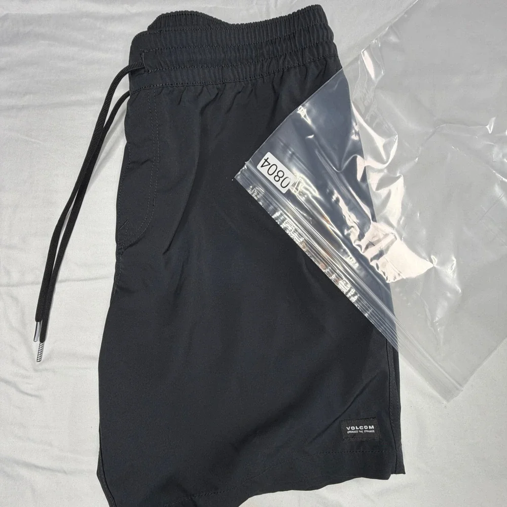 Volcom Mens Black Swim Trunks Shorts Elastic Waist Drawstring Size XL